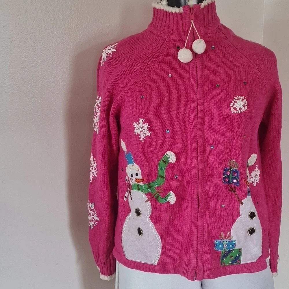 Christmas Ugly Pink Snowman Embellished Sweater Medium - Picture 10 of 14